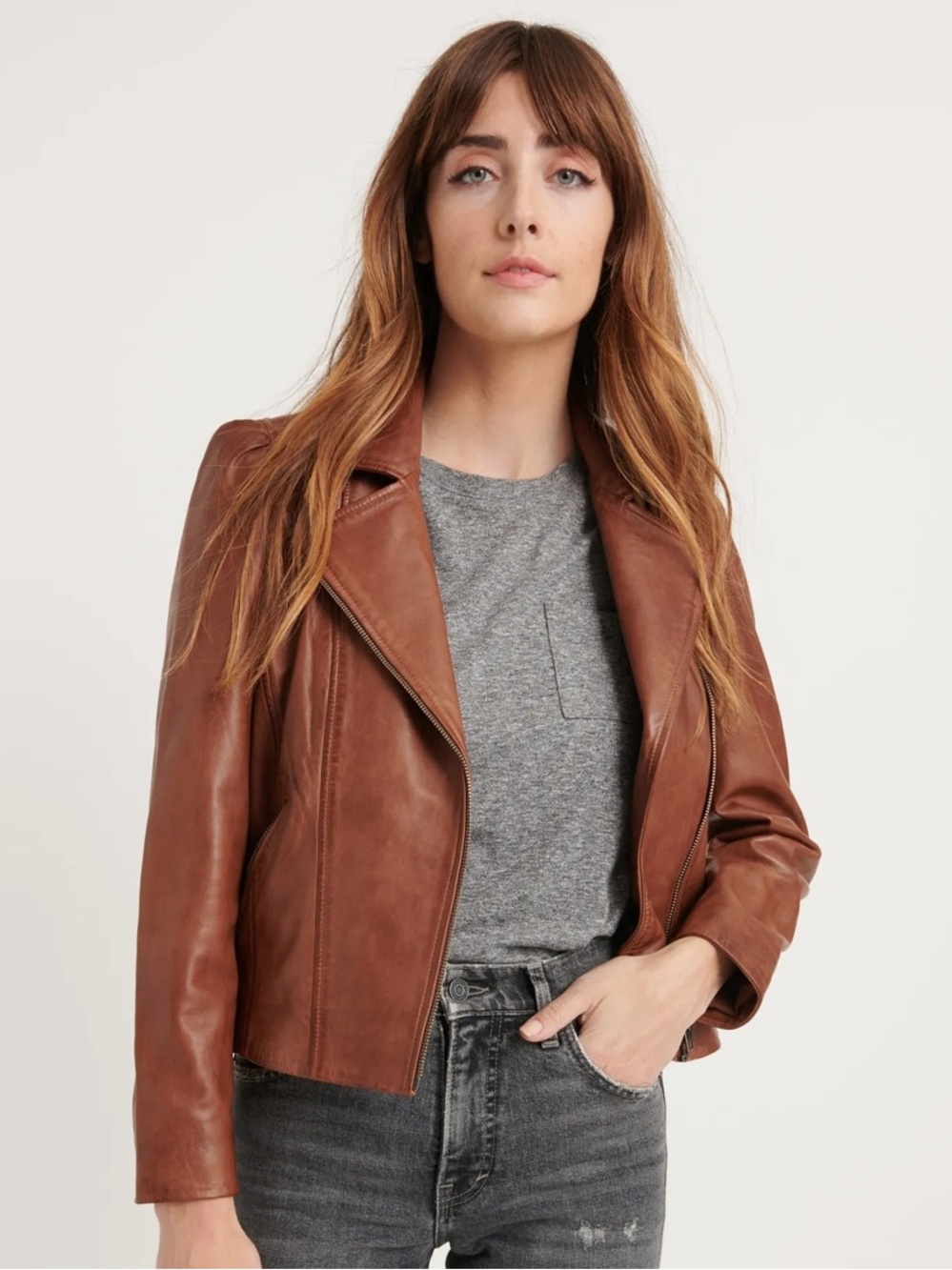 Lucky Brand Puff Sleeve Leather Moto Jacket Size Small in Rusty Brown